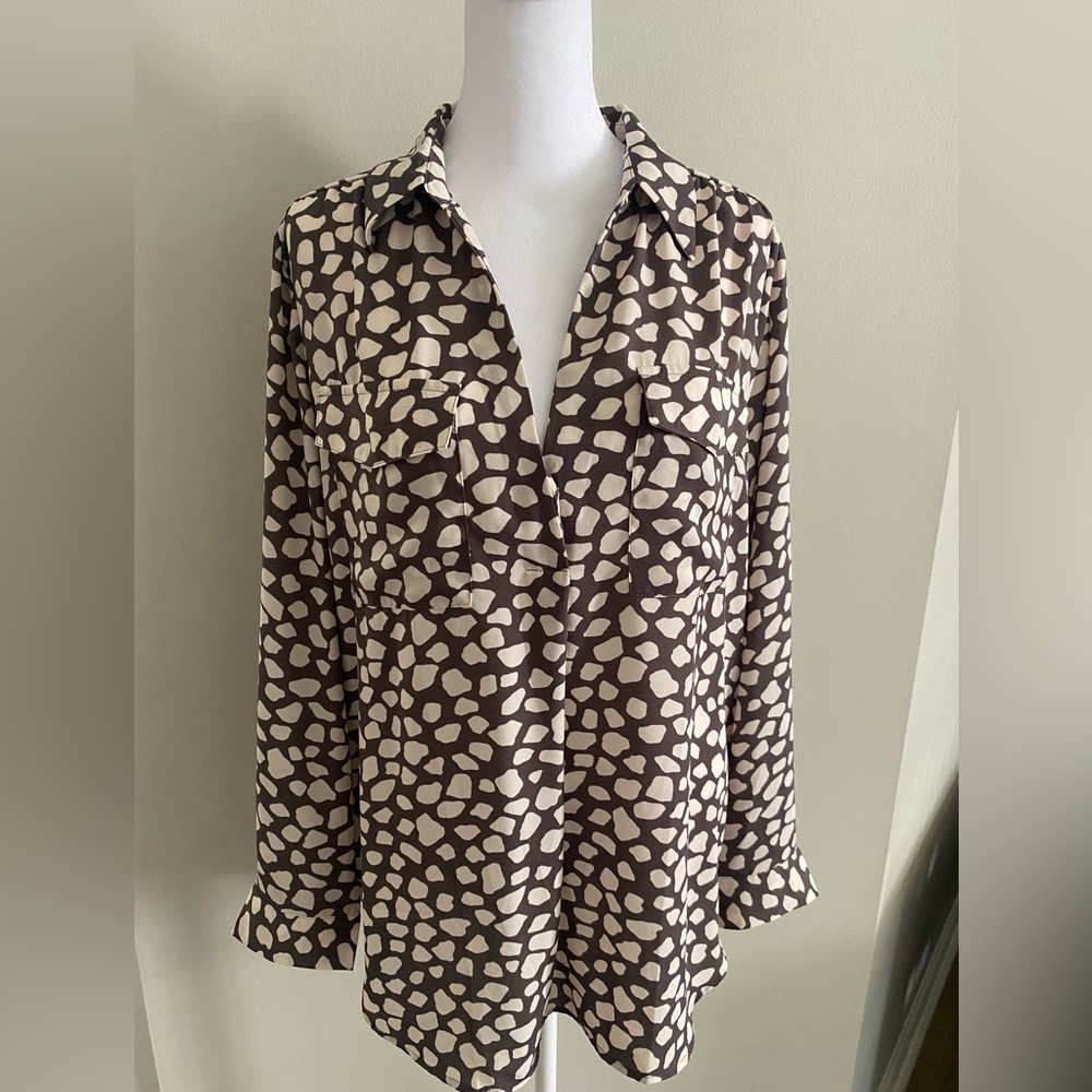 Ann Taylor LOFT Stylish Long Sleeve Brown and Cream Women's Blouse Size L - Picture 8 of 11